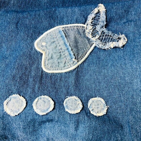 Whimsical Fish Denim Day Dress Women M Maxi Embroider Applique Casual Errand Y2K - Picture 3 of 7